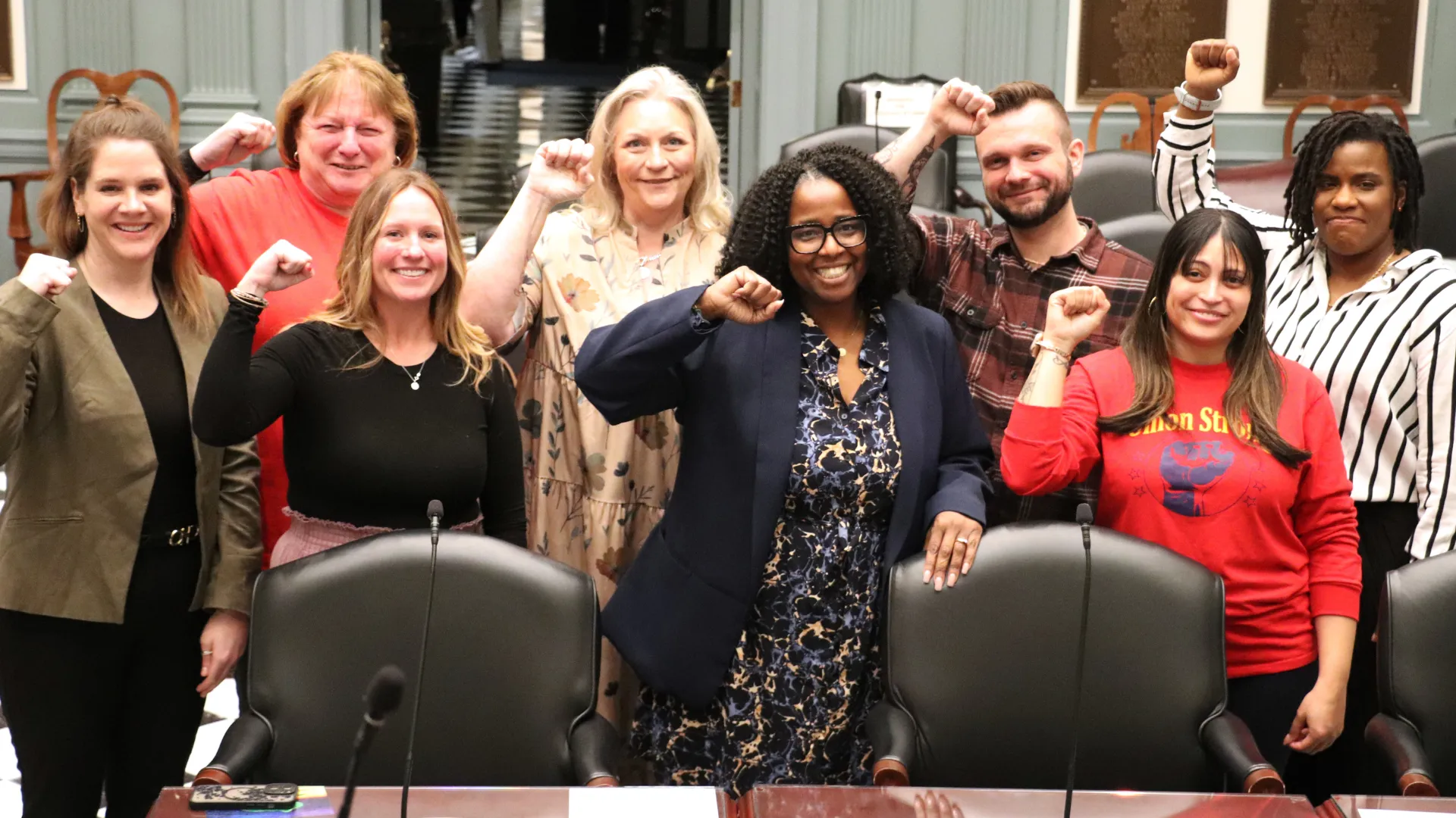 Union educators stand in solidarity after testifying before the Joint Finance Committee  