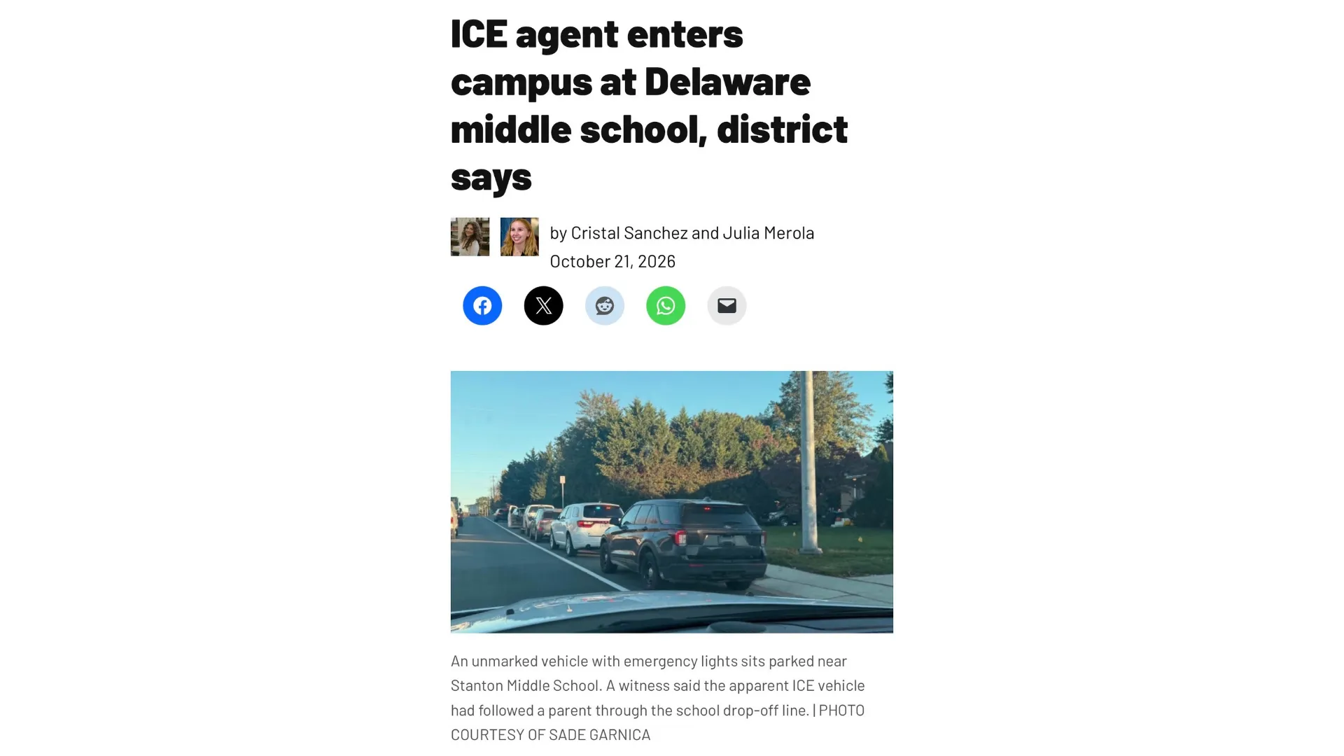 A screenshot shows a news article about an ICE agent entering the Stanton Middle School campus